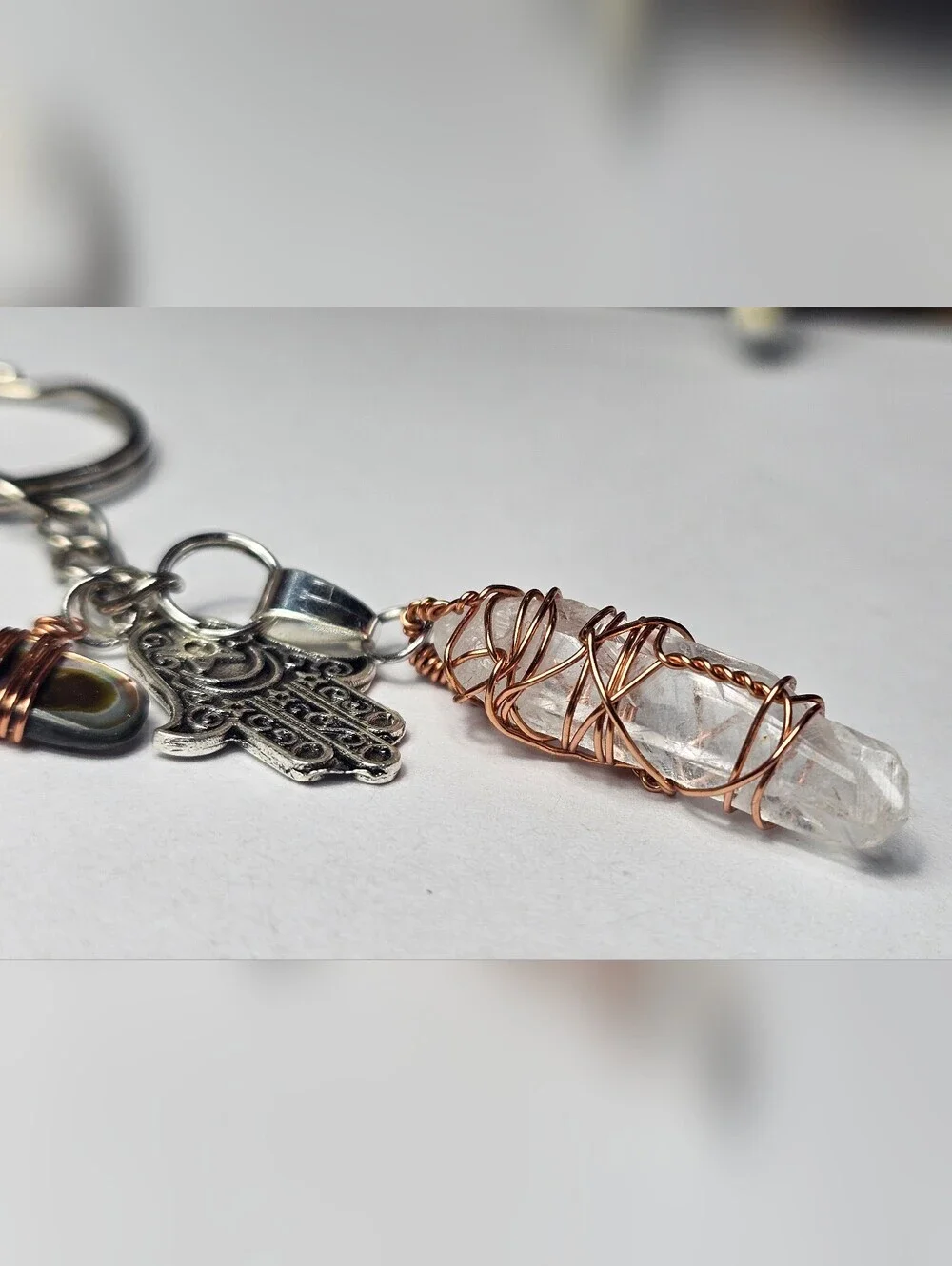 Crystal Point Wire-Wrap Keychain with Hamsa Charm